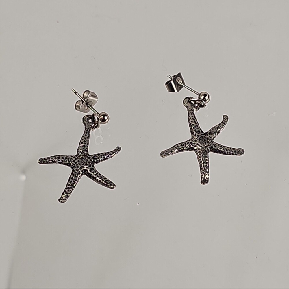 Vintage Metzke Pewter Starfish Dangle Earrings Coastal Beach Jewelry